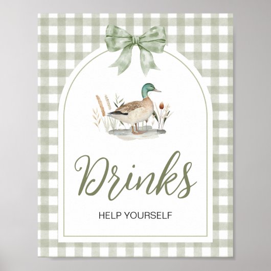 Gingham Mallard Duck Baby Shower Drinks Sign ポスター (正面)