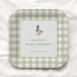 Gingham Mallard Duck Baby Shower Party ペーパープレート