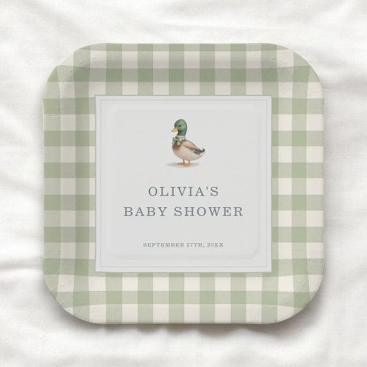 Gingham Mallard Duck Baby Shower Party ペーパープレート