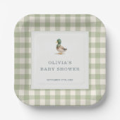 Gingham Mallard Duck Baby Shower Party ペーパープレート (正面)