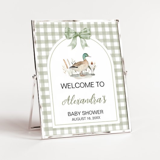 Gingham Mallard Duck Baby Shower Welcome Sign ポスター