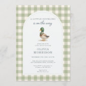 Gingham Mallard Duck Bow Sage Green Baby Shower 招待状 (正面)