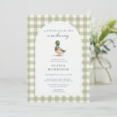 Gingham Mallard Duck Bow Sage Green Baby Shower 招待状 (スタンド正面)