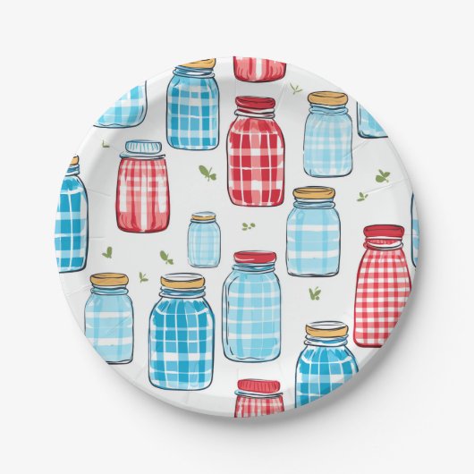 Gingham Mason Jar Pattern – Country Kitchen Charm ペーパープレート (正面)
