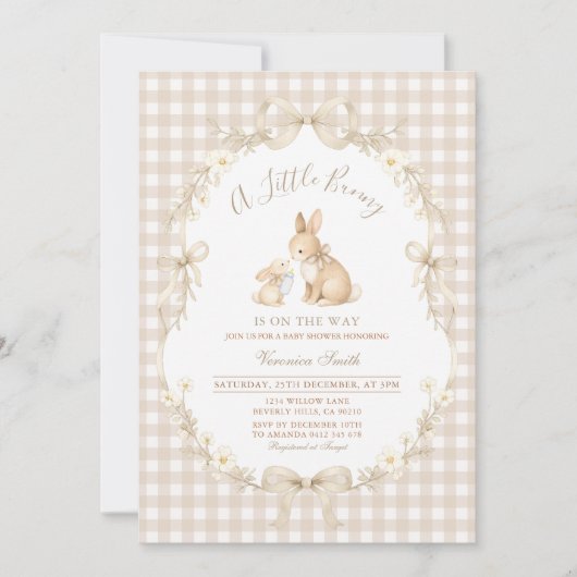 Gingham Neutral Bunny Baby Shower Invitation 招待状 (正面)