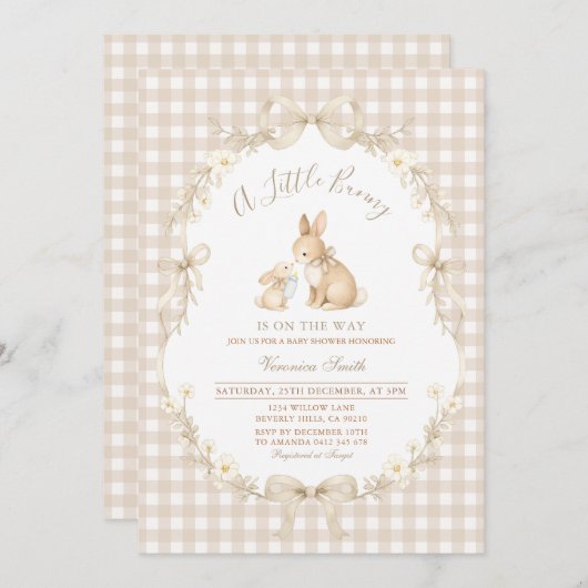 Gingham Neutral Bunny Baby Shower Invitation 招待状 (正面/裏面)