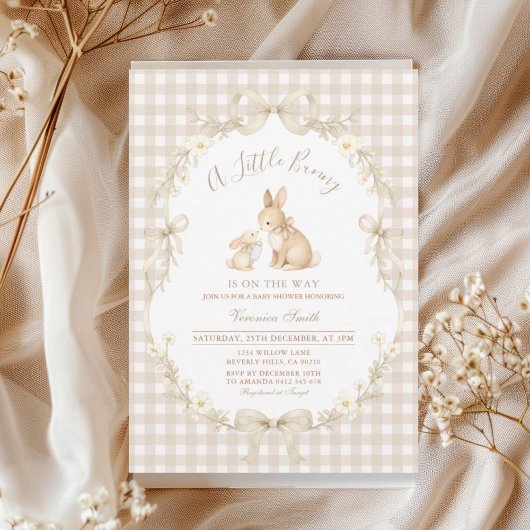 Gingham Neutral Bunny Baby Shower Invitation 招待状
