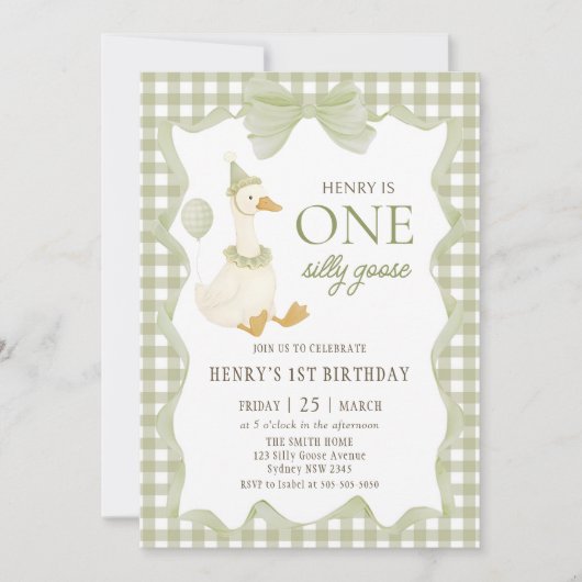 Gingham One Silly Goose 1st Birthday Invitation 招待状 (正面)