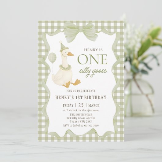 Gingham One Silly Goose 1st Birthday Invitation 招待状 (スタンド正面)