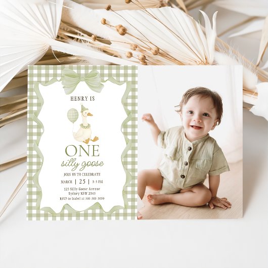Gingham One Silly Goose 1st Birthday Invitation 招待状