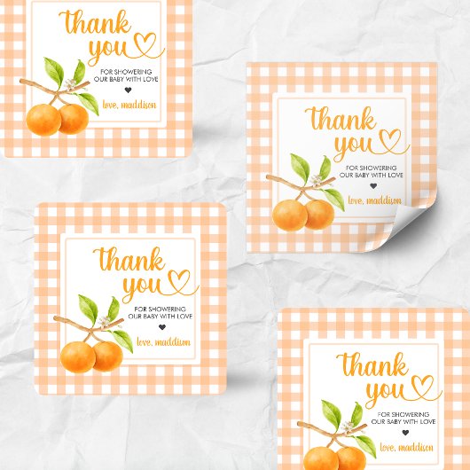 Gingham Orange Baby Shower スクエアシール