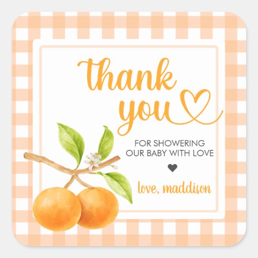 Gingham Orange Baby Shower スクエアシール (正面)