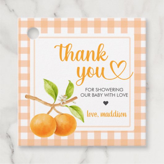 Gingham Orange Baby Shower フェイバータグ (正面)