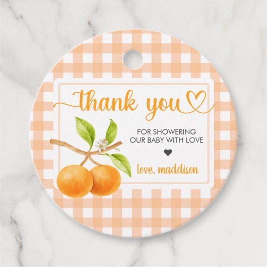 Gingham Orange Baby Shower フェイバータグ (正面)