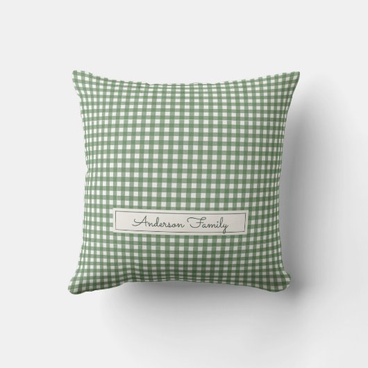 Gingham Pattern in Green with Family Name クッション (裏面)