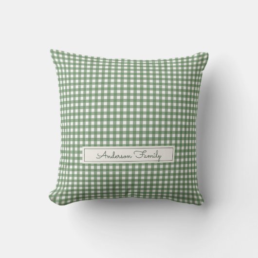 Gingham Pattern in Green with Family Name クッション (正面)