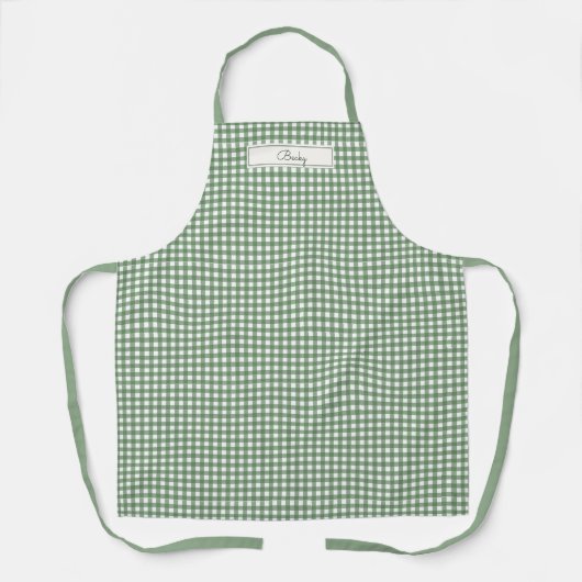 Gingham Pattern in Green with Name エプロン (正面)