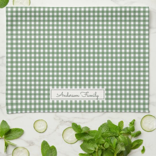 Gingham Pattern in Green with Name キッチンタオル (折り畳み)