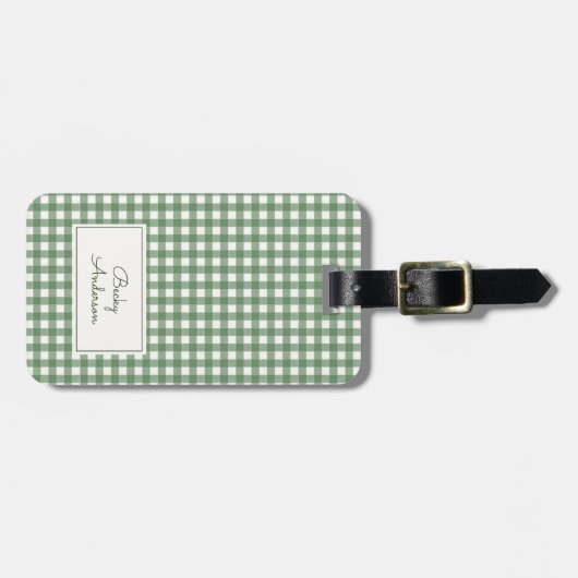 Gingham Pattern in Green with Name and Contact ラゲッジタグ (正面横)
