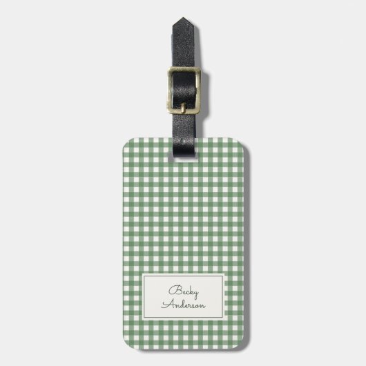 Gingham Pattern in Green with Name and Contact ラゲッジタグ (正面縦)