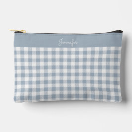Gingham Pattern Plaid Preppy Check Blue White Name アクセサリーポーチ