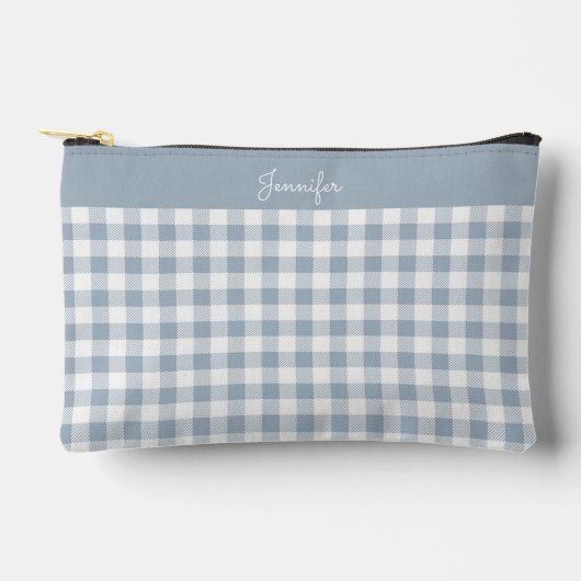 Gingham Pattern Plaid Preppy Check Blue White Name アクセサリーポーチ (正面)