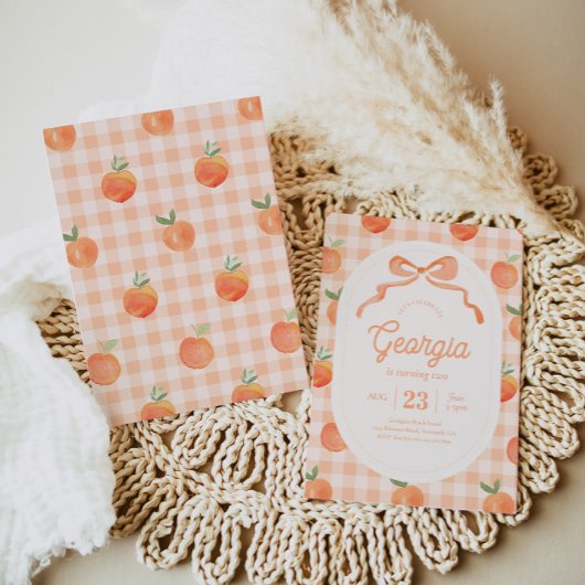Gingham Peach Birthday Invitation 招待状