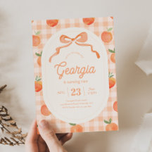 Gingham Peach Birthday Invitation