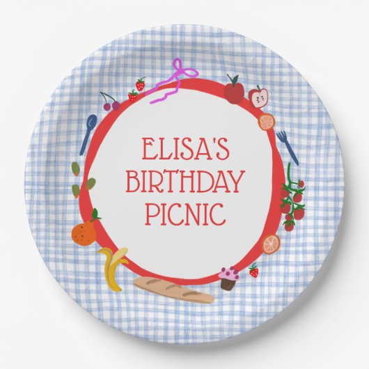 Gingham Picnic Modern Cute CUSTOM BIRTHDAY PARTY ペーパープレート (正面)