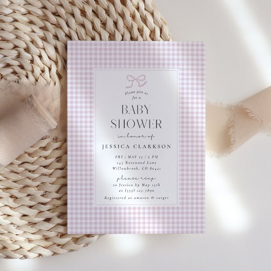 Gingham Pink Bow Baby Girl Baby Shower Invitation 招待状