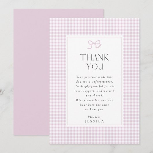 Gingham Pink Bow Baby Girl  Thank You Card 招待状 (正面/裏面)
