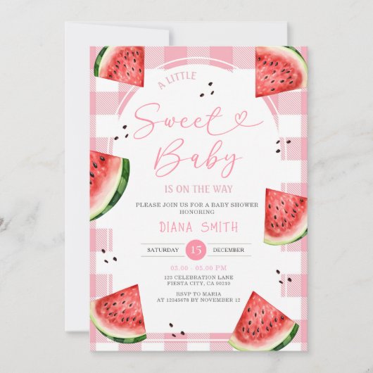Gingham Pink Bow Watermelon Baby Shower 招待状 (正面)
