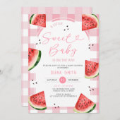 Gingham Pink Bow Watermelon Baby Shower 招待状 (正面/裏面)