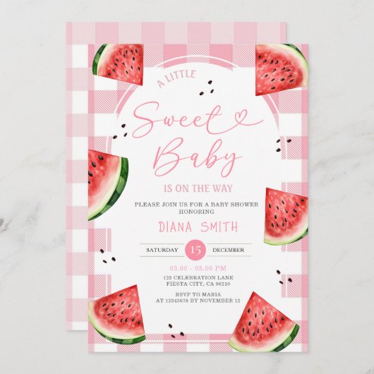 Gingham Pink Bow Watermelon Baby Shower 招待状 (正面/裏面)
