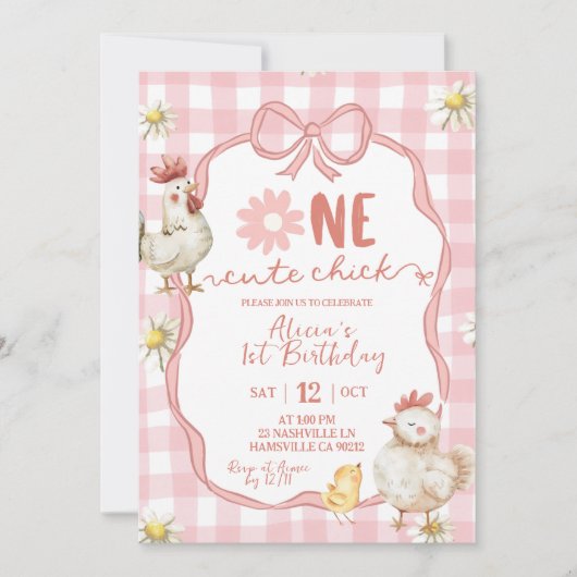 Gingham Pink Daisy One Cute Chick 1st Birthday 招待状 (正面)