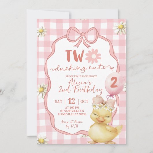 Gingham Pink Daisy Yellow Duck 2nd Birthday 招待状 (正面)