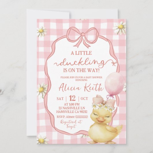 Gingham Pink Daisy Yellow Duck Baby Shower 招待状 (正面)