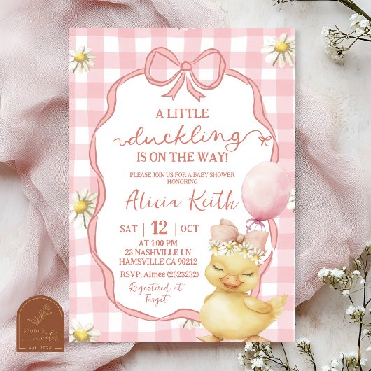 Gingham Pink Daisy Yellow Duck Baby Shower 招待状