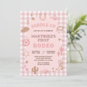 Gingham Pink Girl My First Rodeo Cowgirl Birthday 招待状 (スタンド正面)