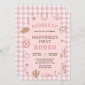 Gingham Pink Girl My First Rodeo Cowgirl Birthday 招待状 (正面/裏面)