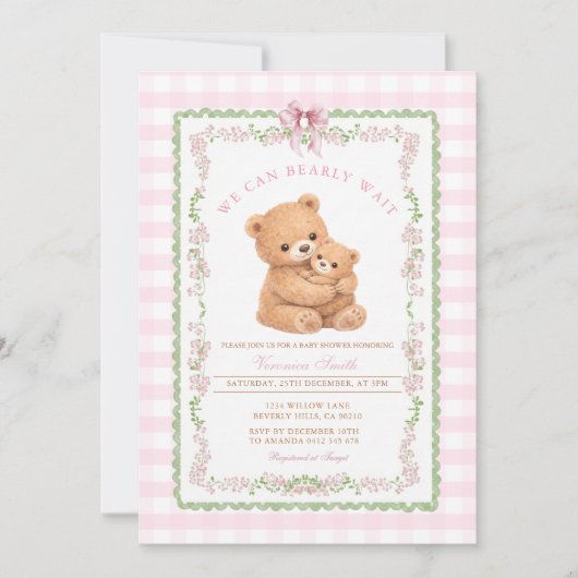 Gingham Pink We can bearly wait Bear Baby Shower 招待状 (正面)