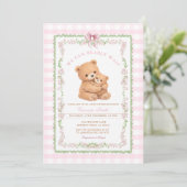 Gingham Pink We can bearly wait Bear Baby Shower 招待状 (スタンド正面)