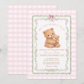 Gingham Pink We can bearly wait Bear Baby Shower 招待状 (正面/裏面)
