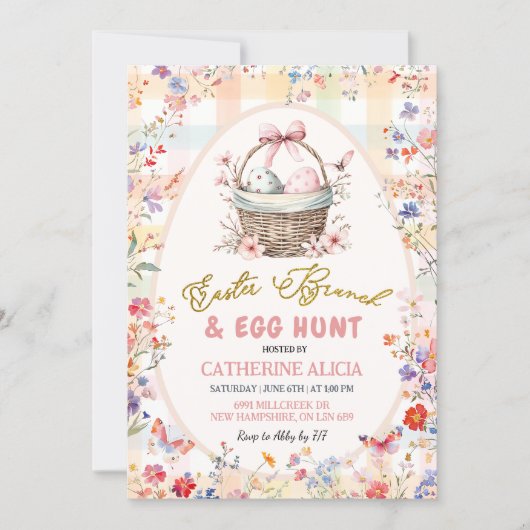 Gingham Pink Wildflower Easter Egg Hunt and Brunch 招待状 (正面)