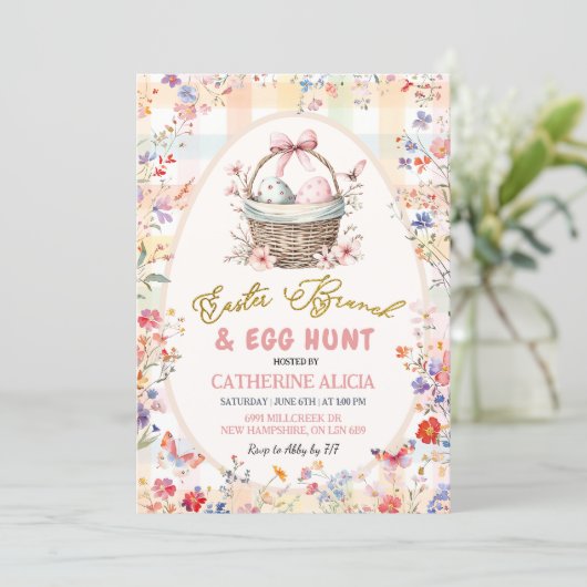 Gingham Pink Wildflower Easter Egg Hunt and Brunch 招待状 (スタンド正面)