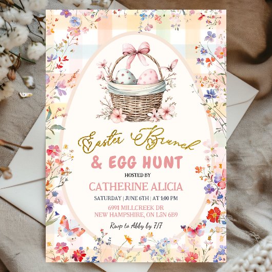 Gingham Pink Wildflower Easter Egg Hunt and Brunch 招待状