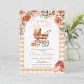 Gingham Pumpkin Stroller Baby Sprinkle Baby Shower 招待状 (スタンド正面)