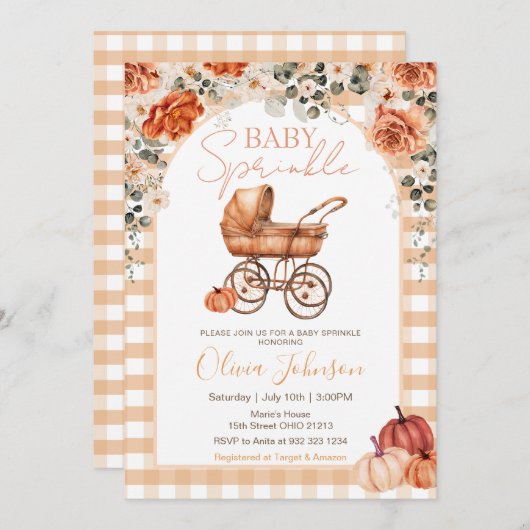 Gingham Pumpkin Stroller Baby Sprinkle Baby Shower 招待状 (正面/裏面)