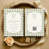 Gingham QR Code Sage Green Floral Bridal Shower 招待状
