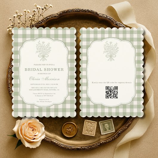 Gingham QR Code Sage Green Floral Bridal Shower 招待状